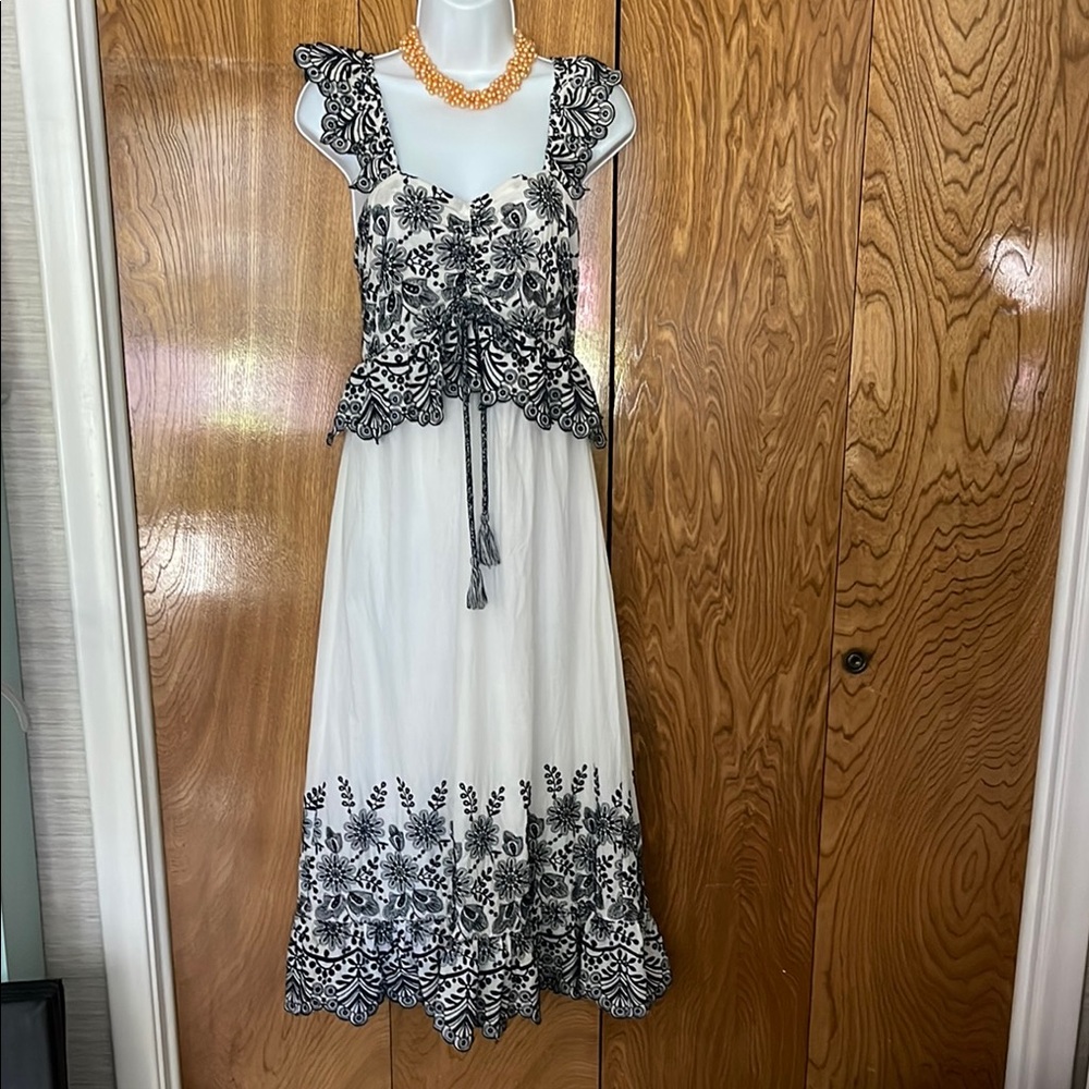 Tularosa Black and White Ruffled Bustier Maxi Dress